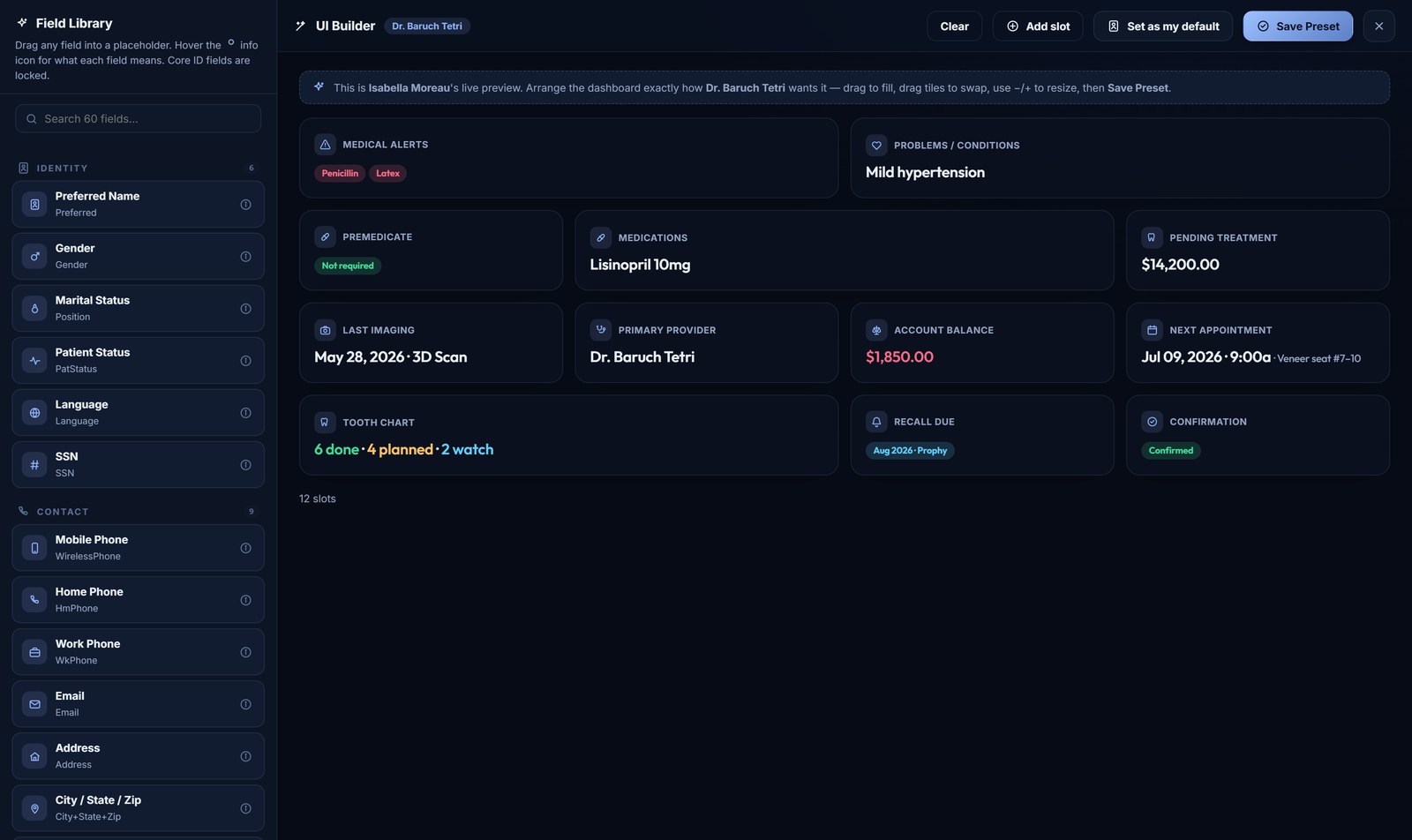 odontOS UI builder — drag-and-drop field library