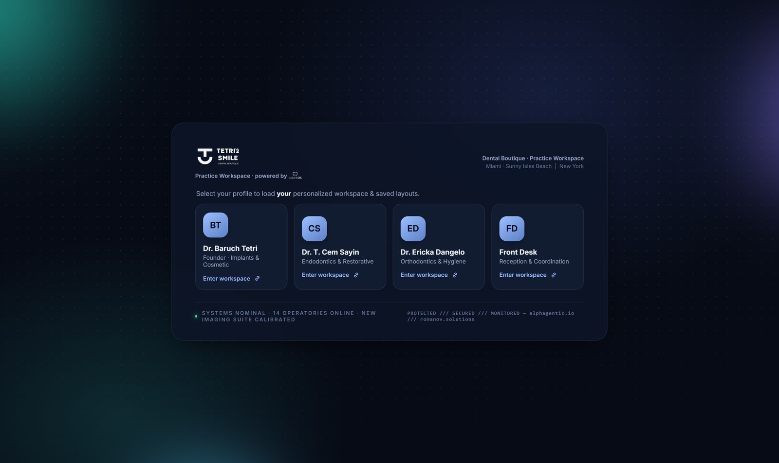 odontOS workspace selector — per-doctor profiles