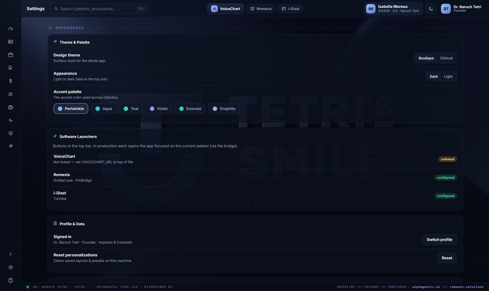 odontOS settings — theme, palette and launchers